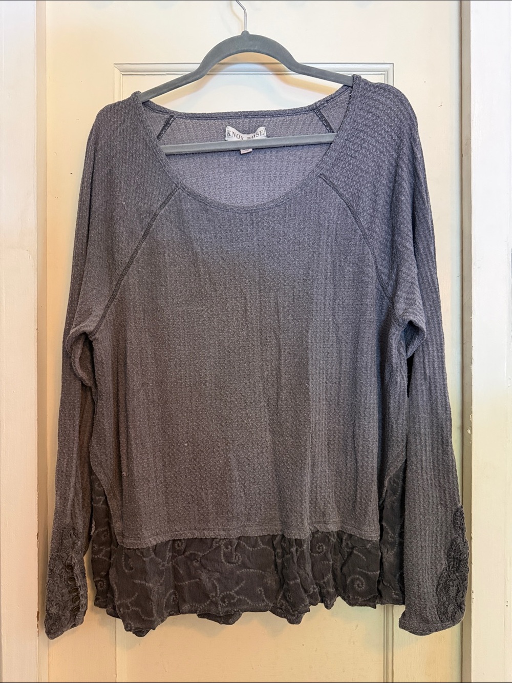 Knox Rose Charcoal Textured Waffle Knit Long Sleeve Top with Lace Hem